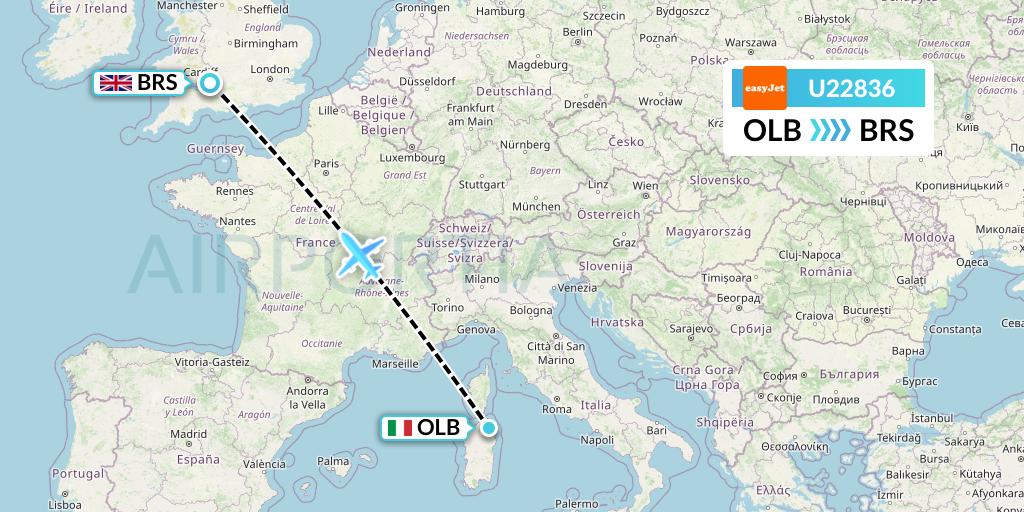 U22836 EasyJet Flight Map: Olbia to Bristol