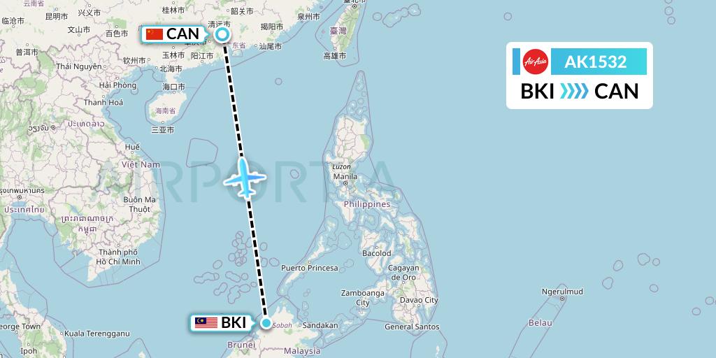 AK1532 AirAsia Flight Map: Kota Kinabalu to Guangzhou