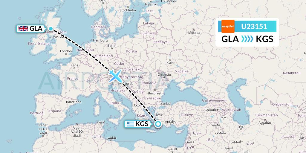 U23151 EasyJet Flight Map: Glasgow to Kos