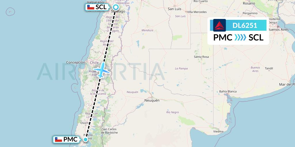 DL6251 Delta Air Lines Flight Map: Puerto Montt to Santiago