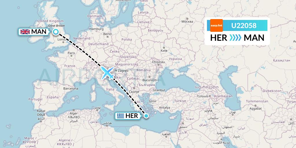 U22058 EasyJet Flight Map: Heraklion to Manchester