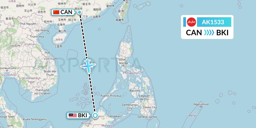 AK1533 AirAsia Flight Map: Guangzhou to Kota Kinabalu