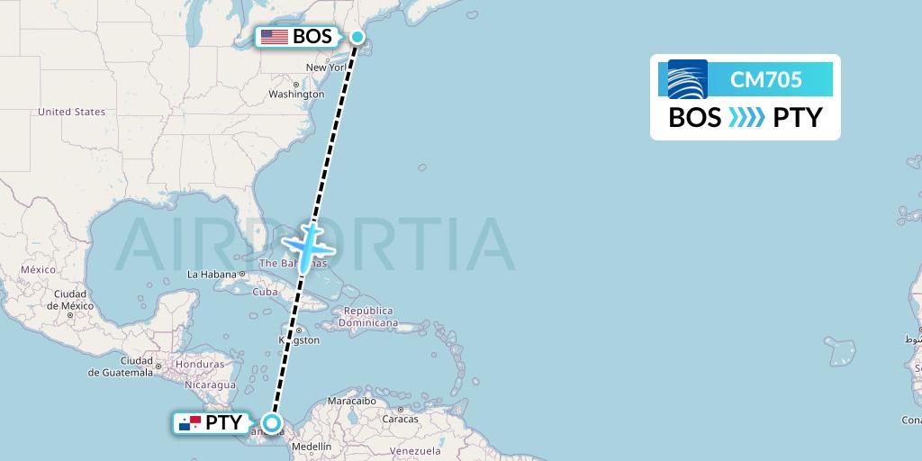 CM705 Copa Airlines Flight Map: Boston to Panama City