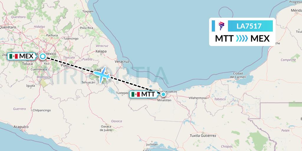 LA7517 LAN Airlines Flight Map: Minatitlan to Mexico City