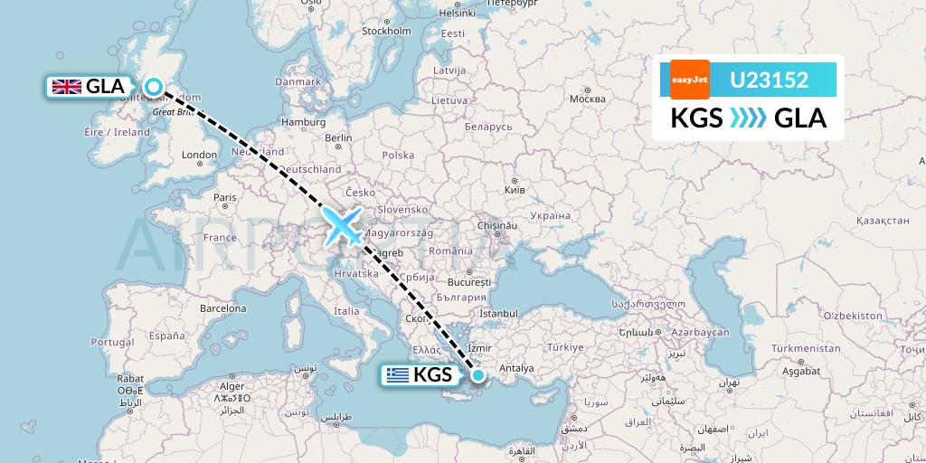 U23152 EasyJet Flight Map: Kos to Glasgow
