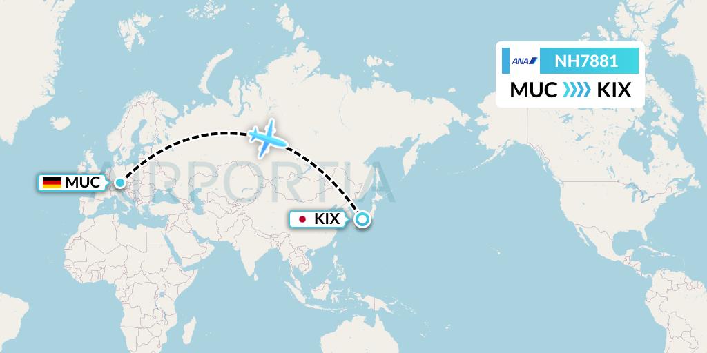 NH7881 All Nippon Airways Flight Map: Munich to Osaka