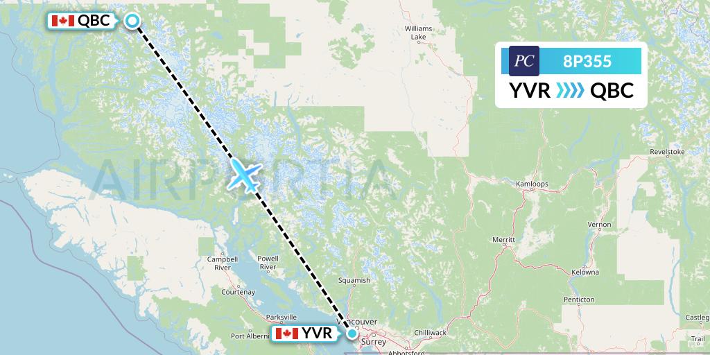 8P355 Pacific Coastal Airlines Flight Map: Vancouver to Bella Coola