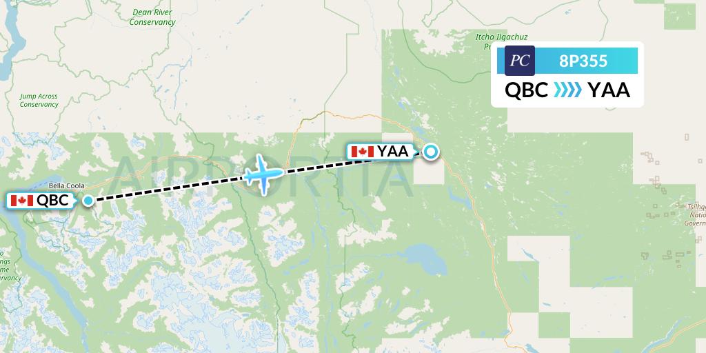 8P355 Pacific Coastal Airlines Flight Map: Bella Coola to Anahim Lake