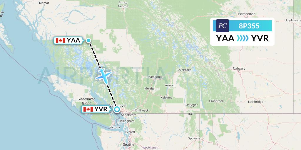 8P355 Pacific Coastal Airlines Flight Map: Anahim Lake to Vancouver