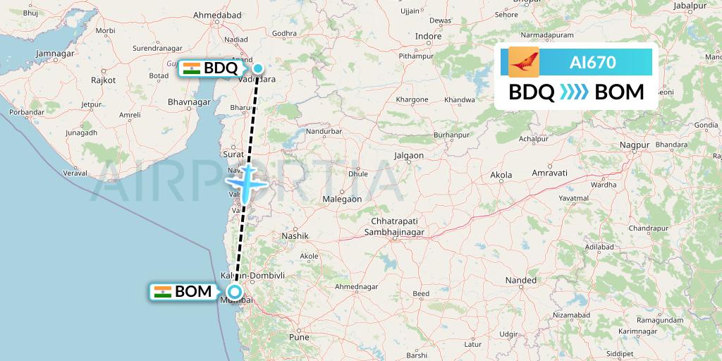 AI670 Air India Flight Map: Vadodara to Mumbai