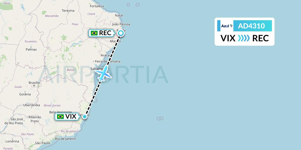 AD4310 Azul Brazilian Airlines Flight Map: Vitoria to Recife