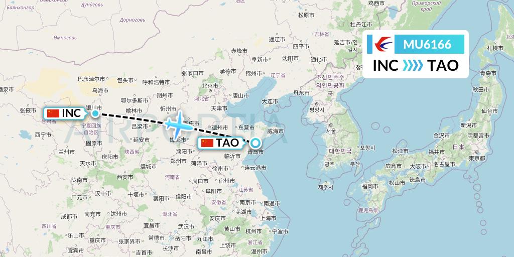 MU6166 China Eastern Airlines Flight Map: Yinchuan to Qingdao