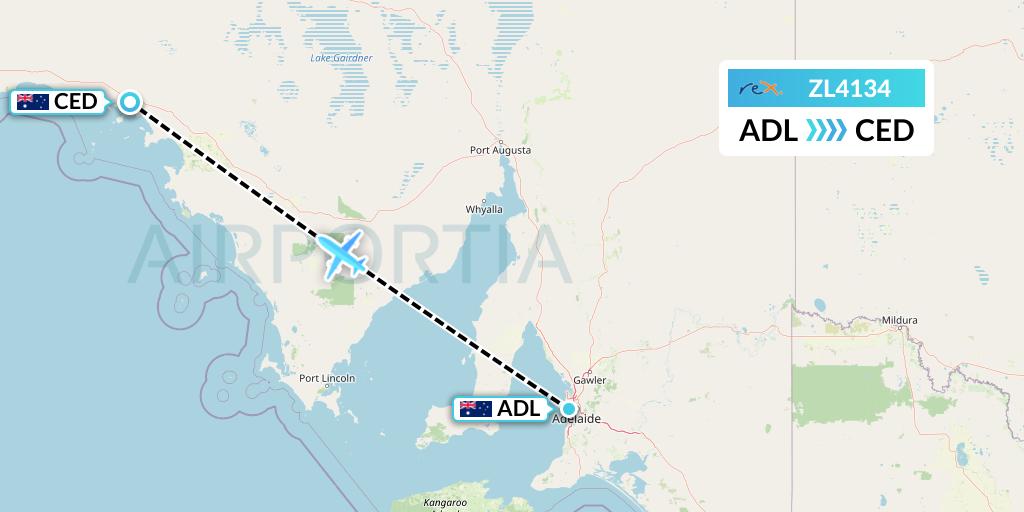 ZL4134 Regional Express Flight Map: Adelaide to Ceduna
