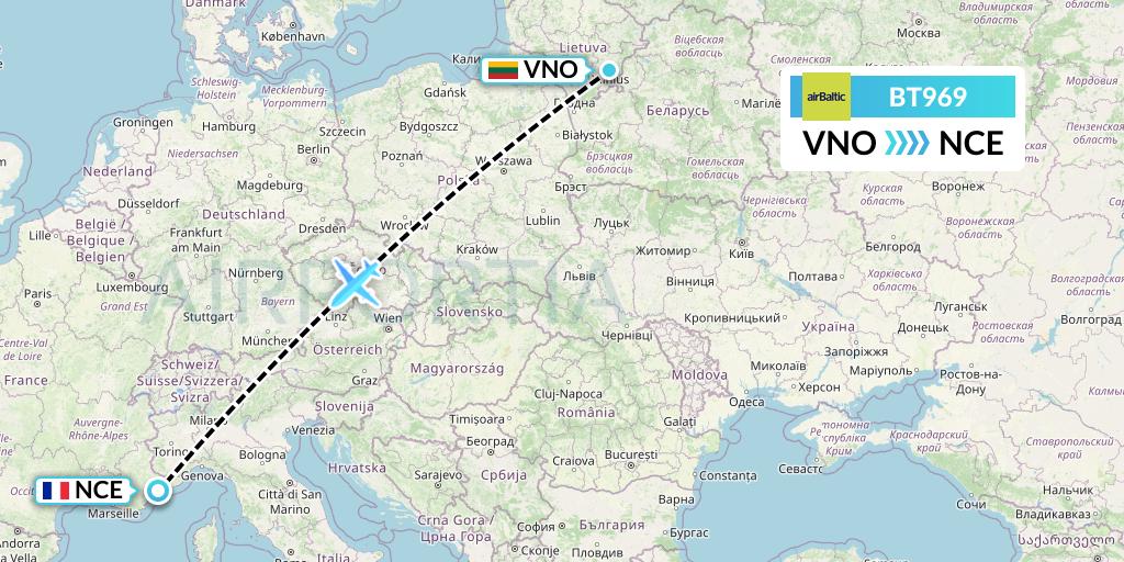 BT969 Air Baltic Flight Map: Vilnius to Nice