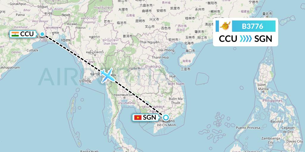 B3776 Bhutan Airlines Flight Map: Kolkata to Ho Chi Minh City
