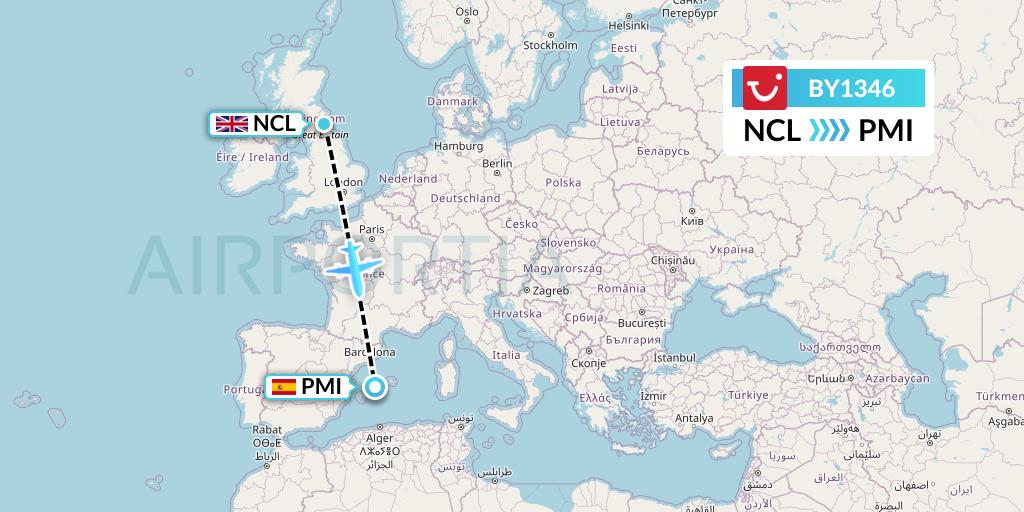 BY1346 TUI Airways Flight Map: Newcastle to Palma de Mallorca