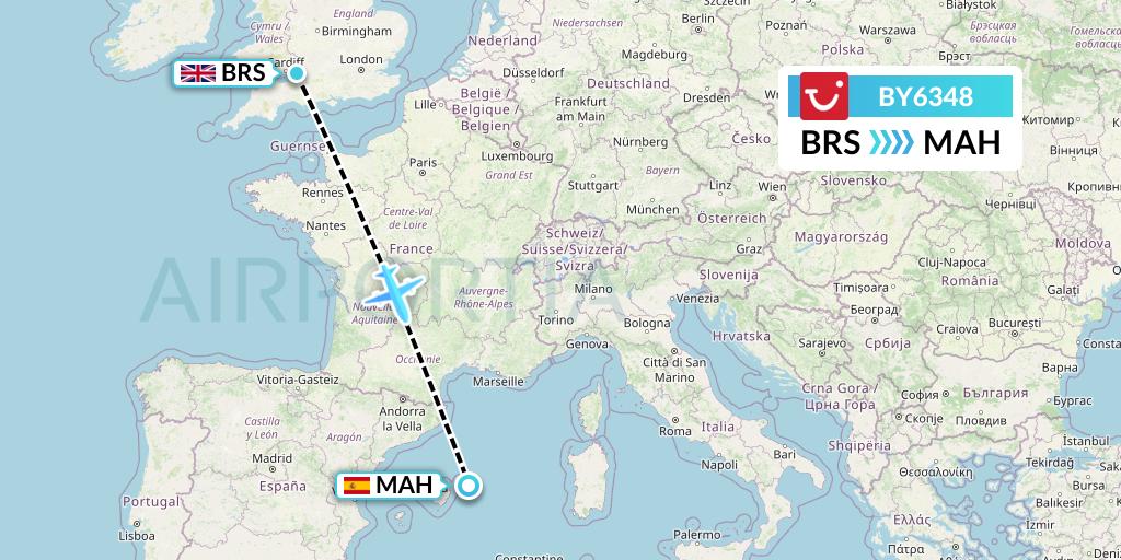 BY6348 TUI Airways Flight Map: Bristol to Mahon