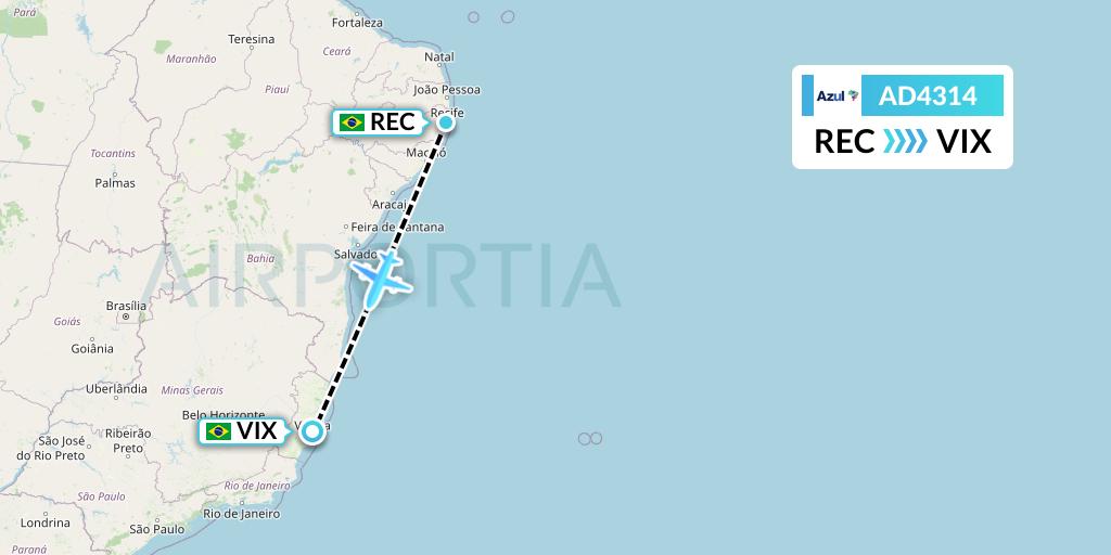 AD4314 Azul Brazilian Airlines Flight Map: Recife to Vitoria