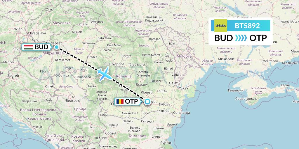 BT5892 Air Baltic Flight Map: Budapest to Bucharest