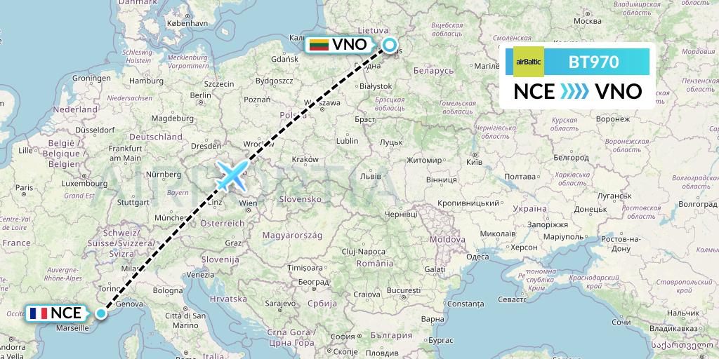 BT970 Air Baltic Flight Map: Nice to Vilnius