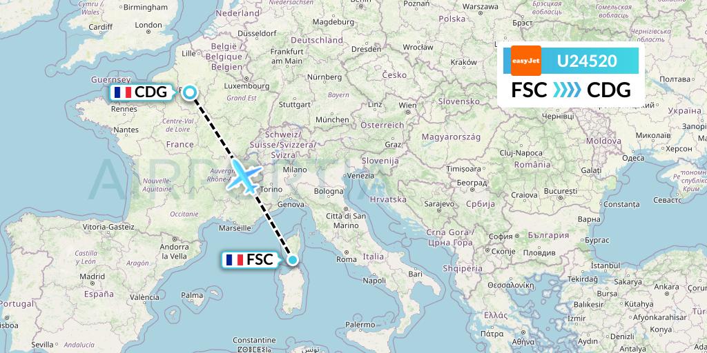 U24520 EasyJet Flight Map: Figari to Paris