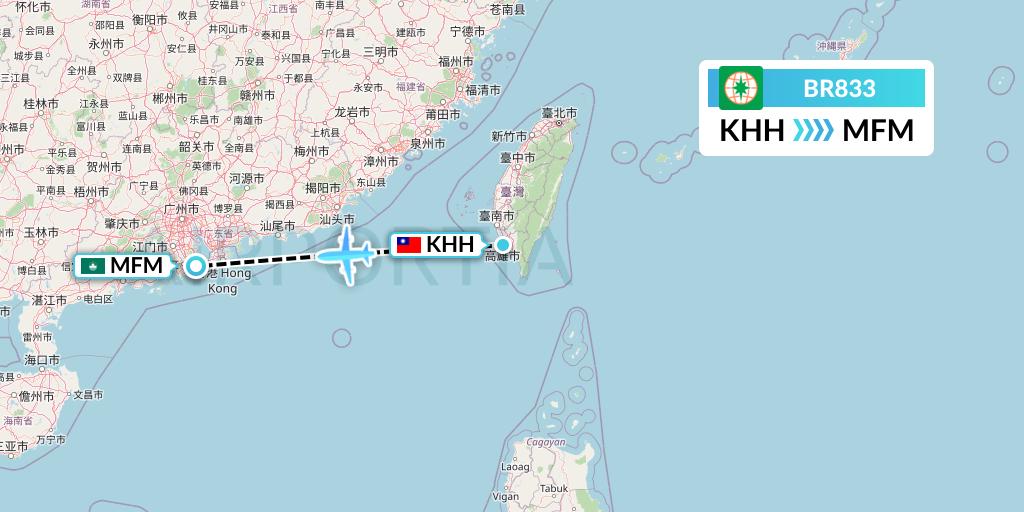 BR833 EVA Air Flight Map: Kaohsiung to Macau