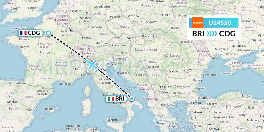 U24550 EasyJet Flight Map: Bari to Paris