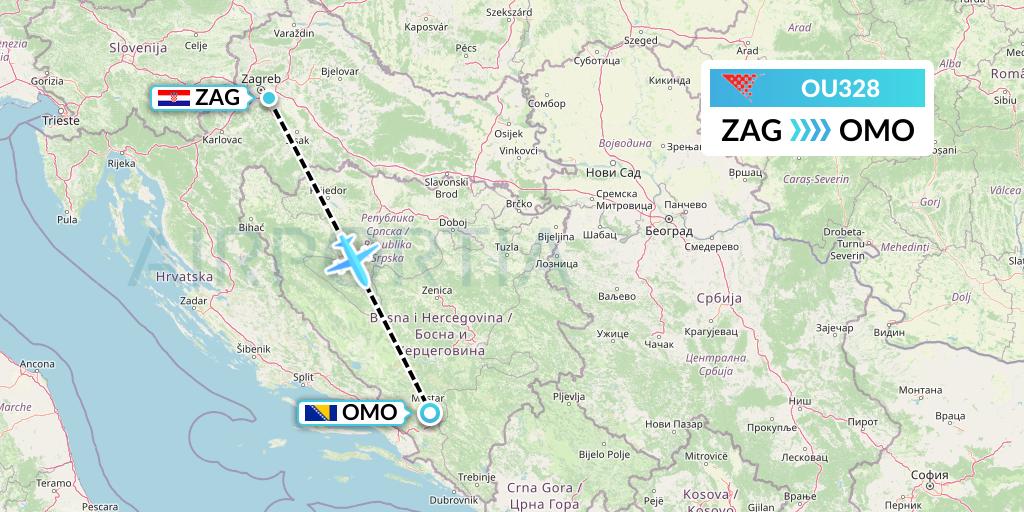 OU328 Croatia Airlines Flight Map: Zagreb to Mostar