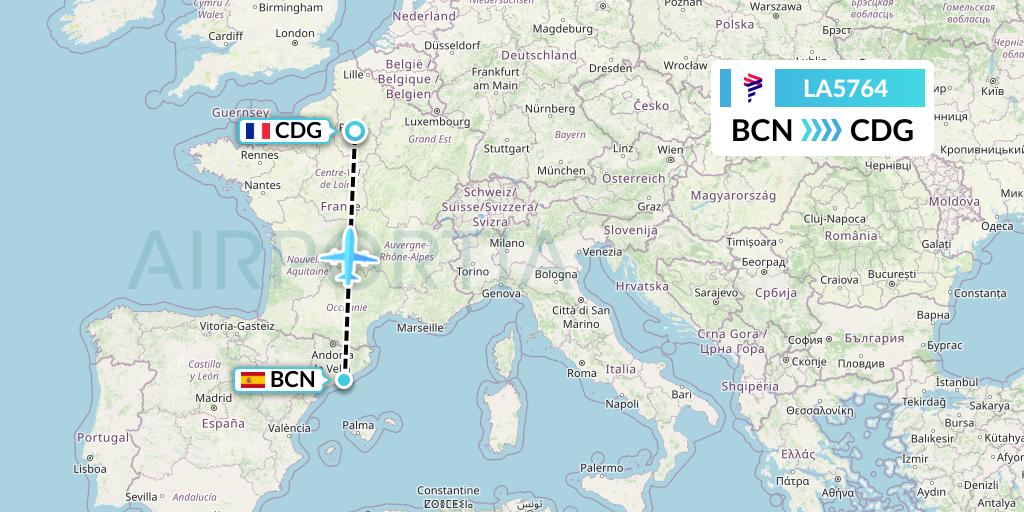 LA5764 LAN Airlines Flight Map: Barcelona to Paris