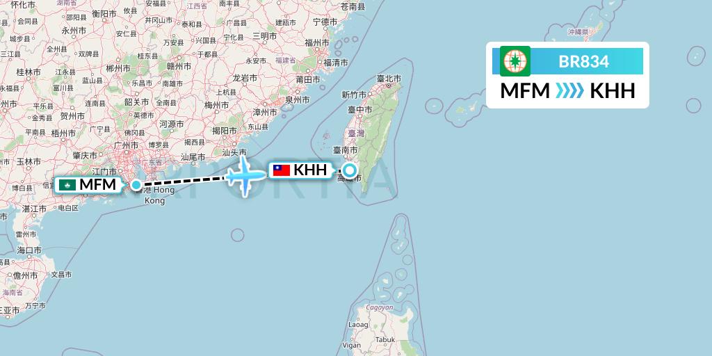 BR834 EVA Air Flight Map: Macau to Kaohsiung