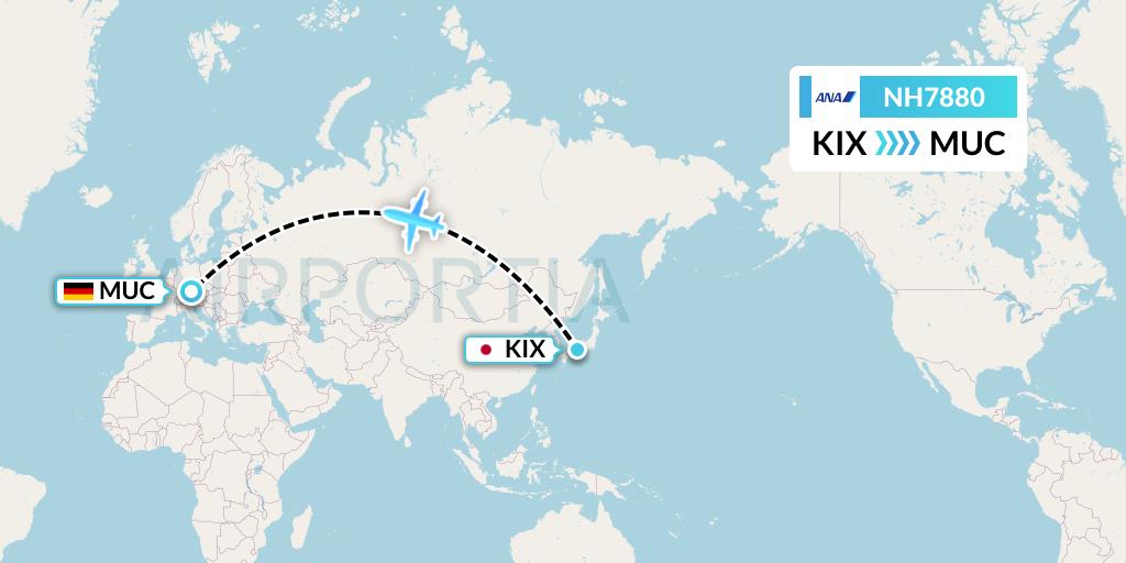 NH7880 All Nippon Airways Flight Map: Osaka to Munich