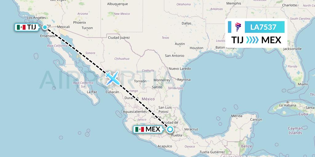 LA7537 LAN Airlines Flight Map: Tijuana to Mexico City
