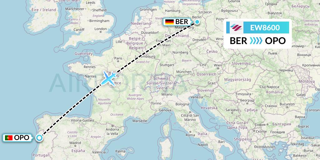 EW8600 Eurowings Flight Map: Berlin to Porto