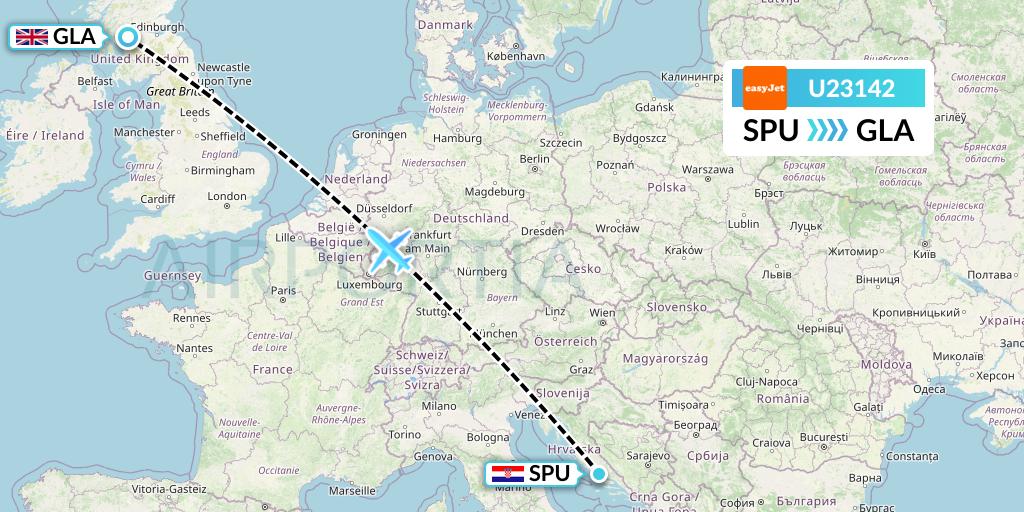 U23142 EasyJet Flight Map: Split to Glasgow