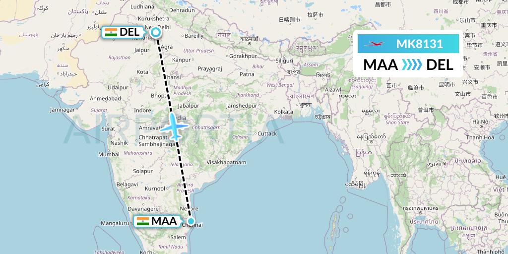 MK8131 Air Mauritius Flight Map: Chennai to Delhi