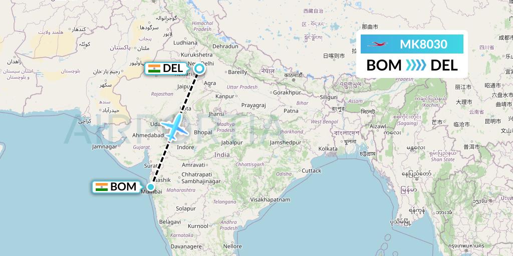 MK8030 Air Mauritius Flight Map: Mumbai to Delhi