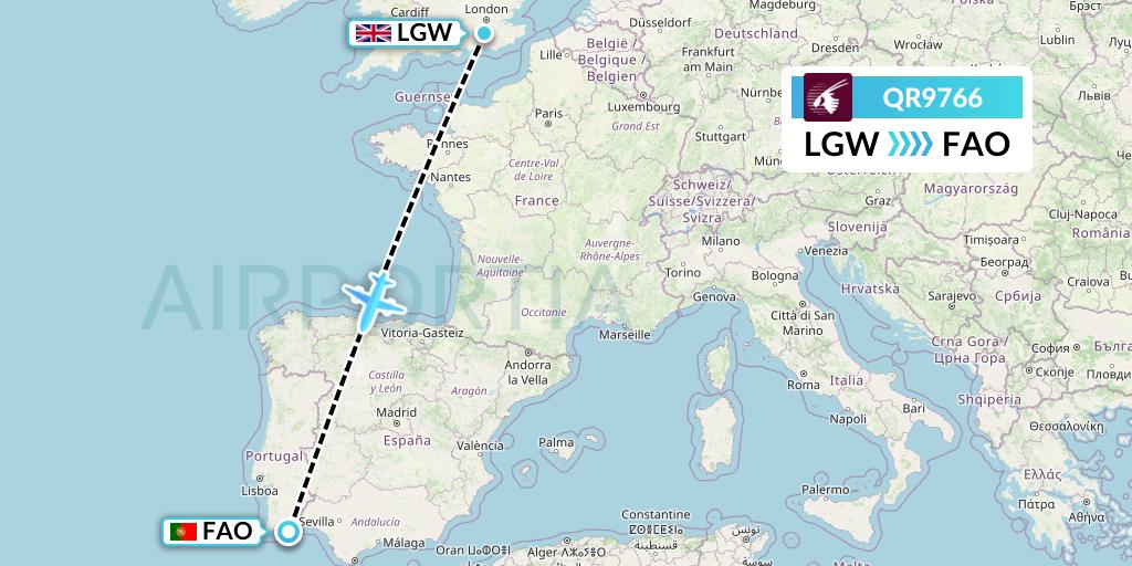 QR9766 Qatar Airways Flight Map: London to Faro