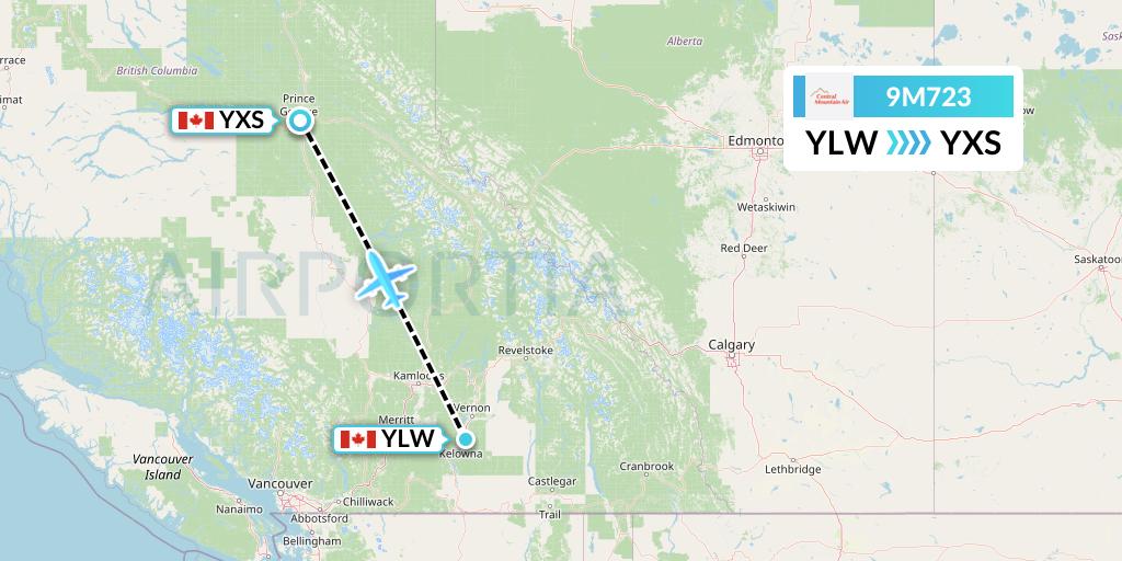 9M723 Central Mountain Air Flight Map: Kelowna to Prince George