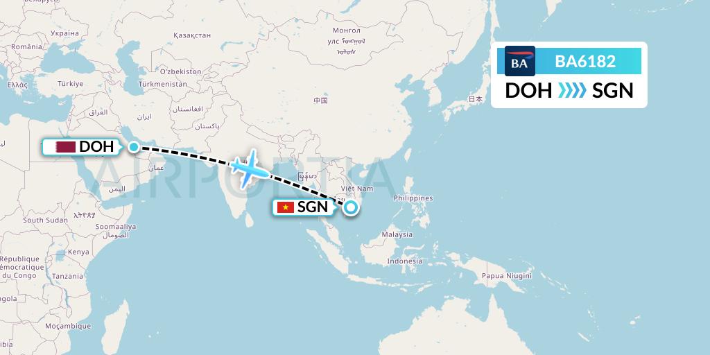 BA6182 British Airways Flight Map: Doha to Ho Chi Minh City
