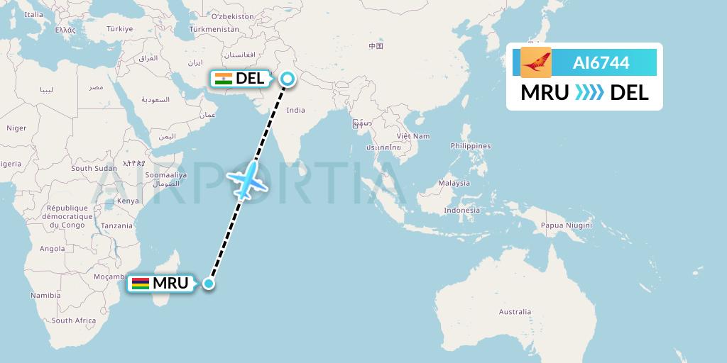 AI6744 Air India Flight Map: Port Louis to Delhi