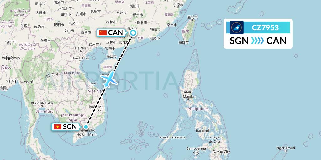 CZ7953 China Southern Airlines Flight Map: Ho Chi Minh City to Guangzhou