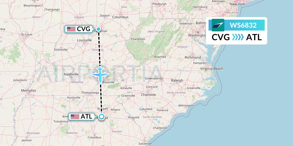 WS6832 WestJet Flight Map: Cincinnati to Atlanta