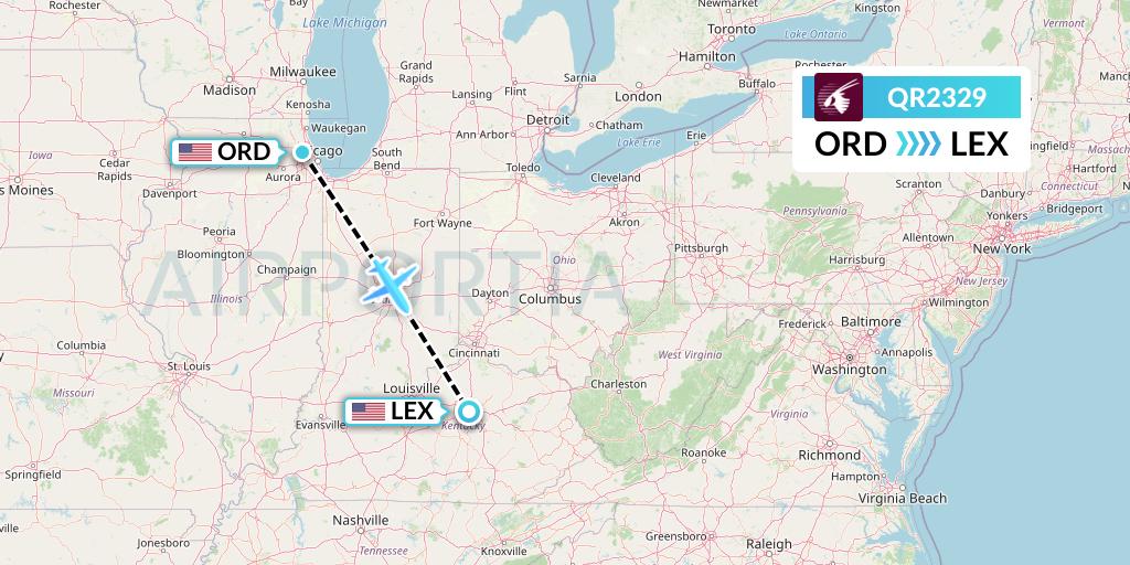 QR2329 Qatar Airways Flight Map: Chicago to Lexington