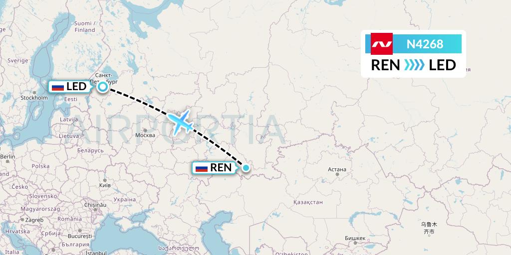 N4268 Nordwind Airlines Flight Map: Orenburg to St. Petersburg