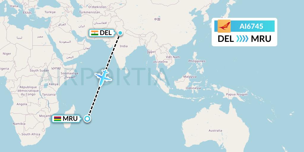 AI6745 Air India Flight Map: Delhi to Port Louis