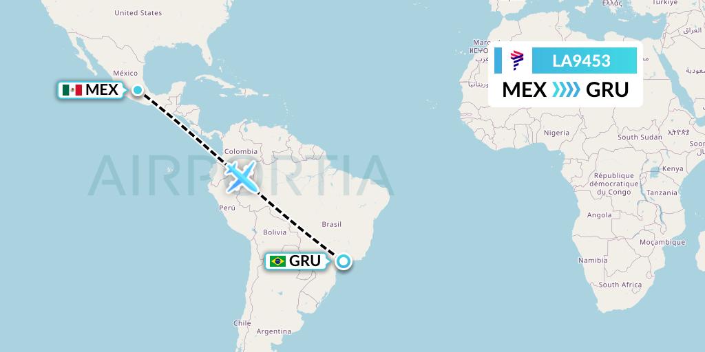 LA9453 LAN Airlines Flight Map: Mexico City to Sao Paulo