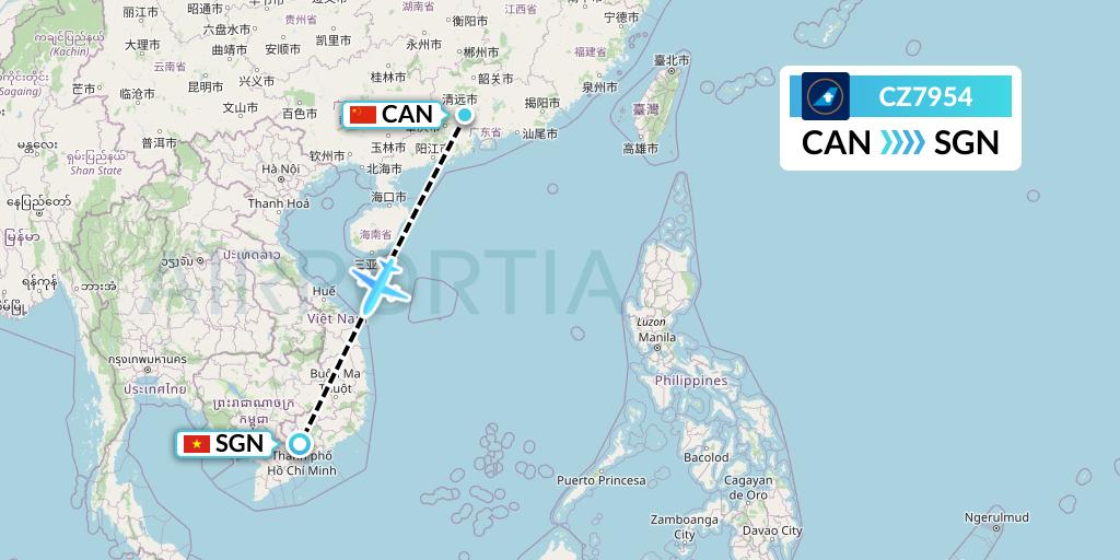 CZ7954 China Southern Airlines Flight Map: Guangzhou to Ho Chi Minh City