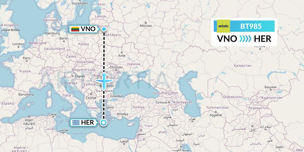 BT985 Air Baltic Flight Map: Vilnius to Heraklion