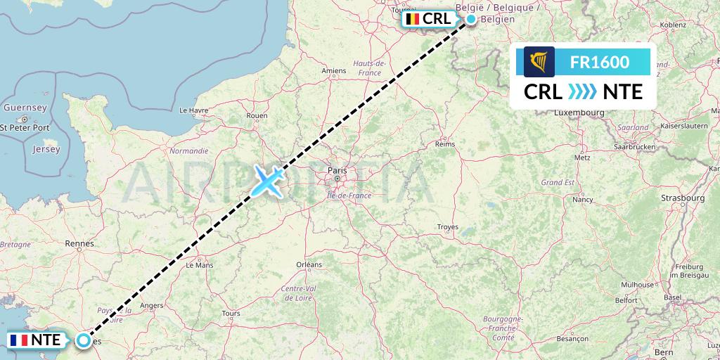 FR1600 Ryanair Flight Map: Brussels to Nantes