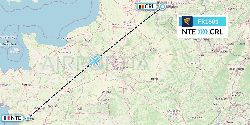 FR1601 Ryanair Flight Map: Nantes to Brussels